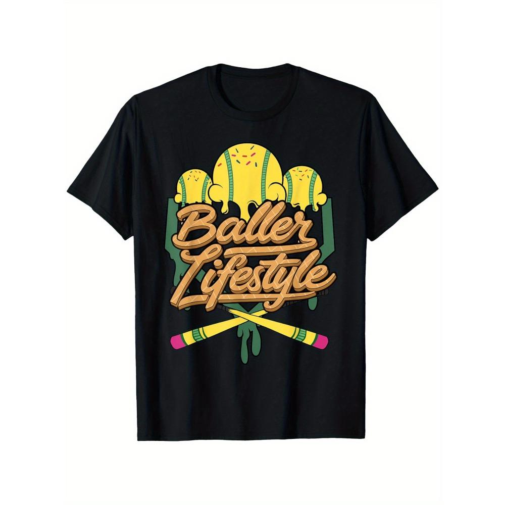 Baseball Lifestyle Men s T-Shirt-Black with Yellow and Green Pattern Print Breathable Round Neck Casual T-Shirt Perfect for S разноцветный