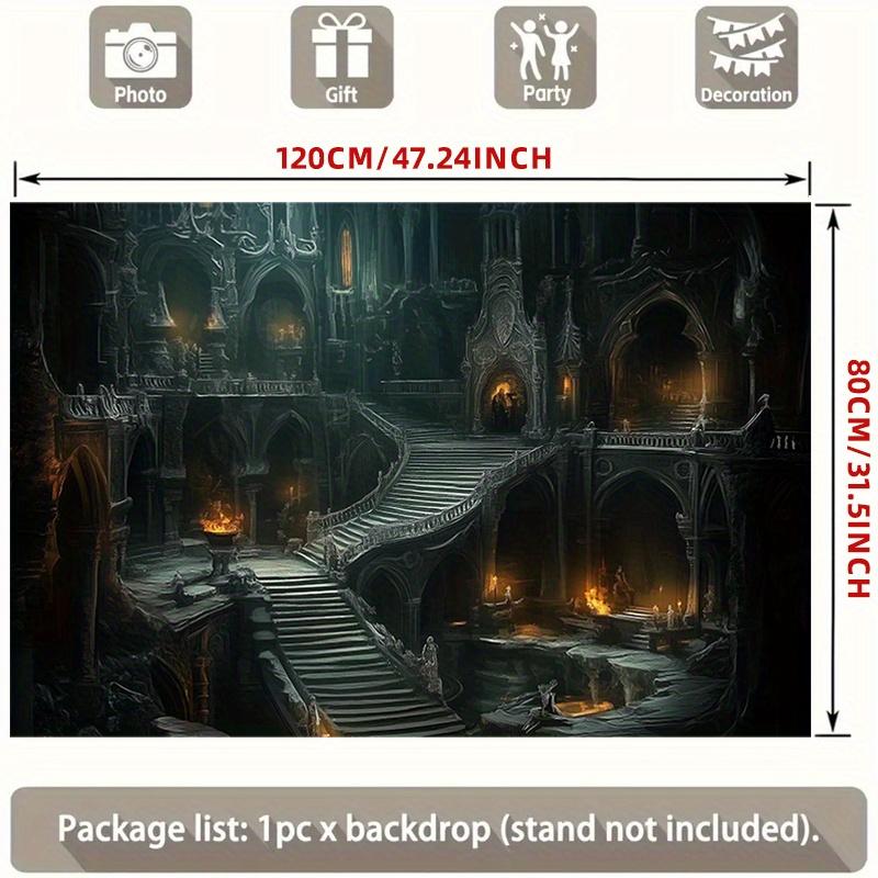 One large banner depicting the interior of a Gothic-style castle - with a dark and terrifying medieval architectural background