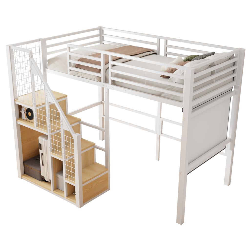 Loft Bed with Safety Ladder 90*200, Children's Bed with Iron Frame and Storage Area, Youth Bed, Single Bed, White