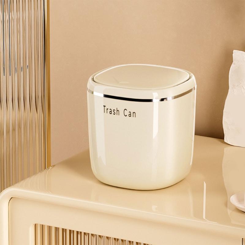 Mini Cream Flips Lid Trash Can Durable Plastic For Desk Organization In Dorm And Office With Space Saving