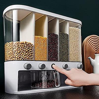 Dry Food Dispenser,Wall Mounted 5 Grid Cereal Dispenser,Rice Dispenser 25 Pounds Kitchen Storage with Measuring Cup