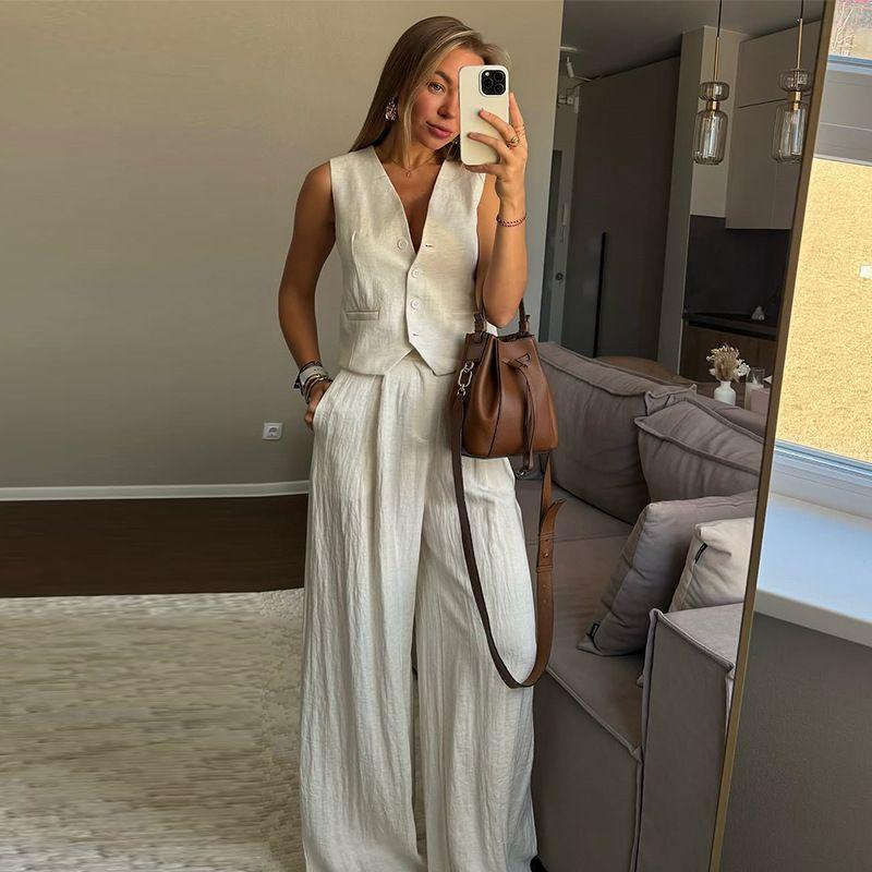 

Western Style New Fashion Casual V-neck Vest Wide Leg Pants Two-Piece Tank Top and Pants Set Apricot XXL