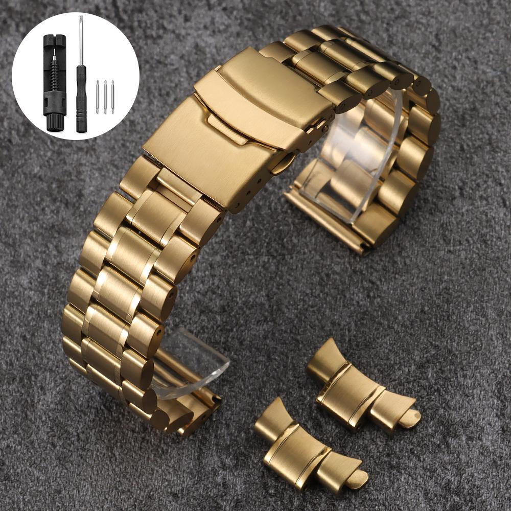 Solid Stainless Steel Watch Strap 18/20/22/24mm Silver Metal Curved End Double Press Folding Buckle Bracelet WatchBand for Seiko