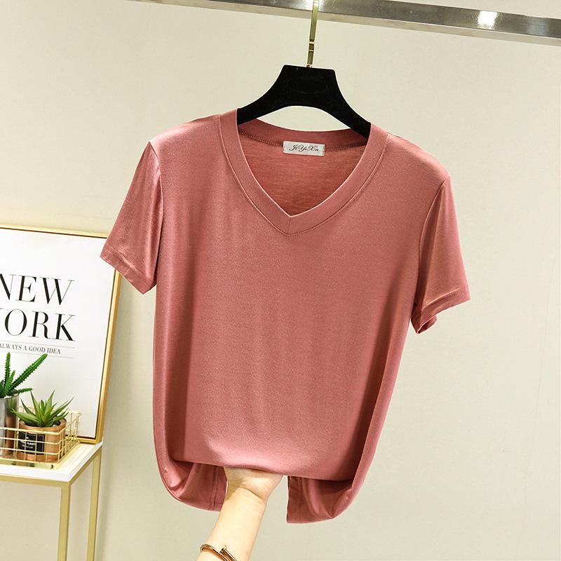 New Summer V-Neck Women's Loose Fit Modal T-Shirt - Solid Color, Short Sleeve Basic Top