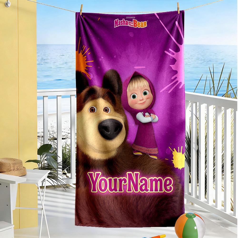 Masha Bear Customize Text Beach Towel Soft Durable Quick-Dry For Beach Bathroom Outdoor Swimming Pool Camping Picnic Yoga Diving Vacation Accessories