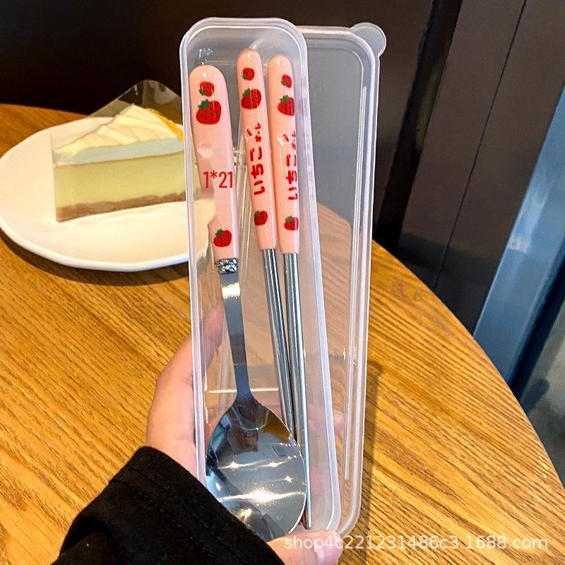 Strawberry-Themed Student Tableware Set: Cute Spoon, Fork, and Chopsticks.