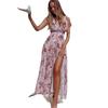 Fashion V Neck Sleeveless Floral Printed Chiffon A-line Dress Elegant Women Vacation Beach Casual Simple Split Party Long Dresses Female Clothing