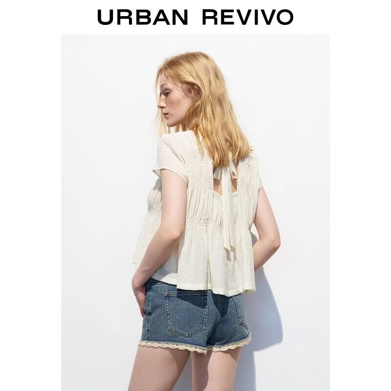 Women's Pleated Round Neck Tie-Back Puff Sleeve Blouse