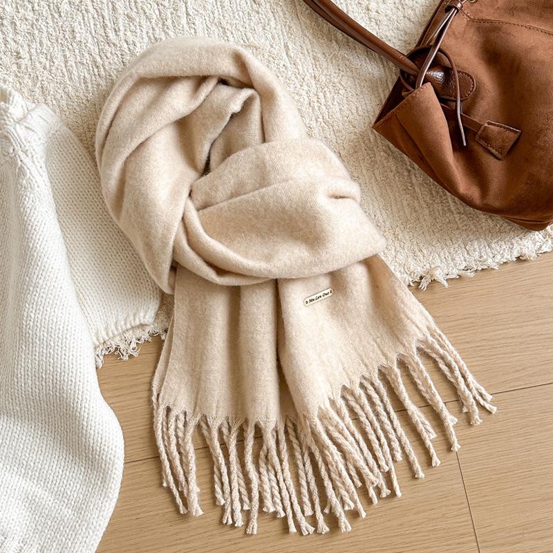 Winter Wool Scarf Women Luxury Two-Sides Cashmere Scarf Thickened Warm Shawl Classic Tassels Scarf Solid Soft Shawl