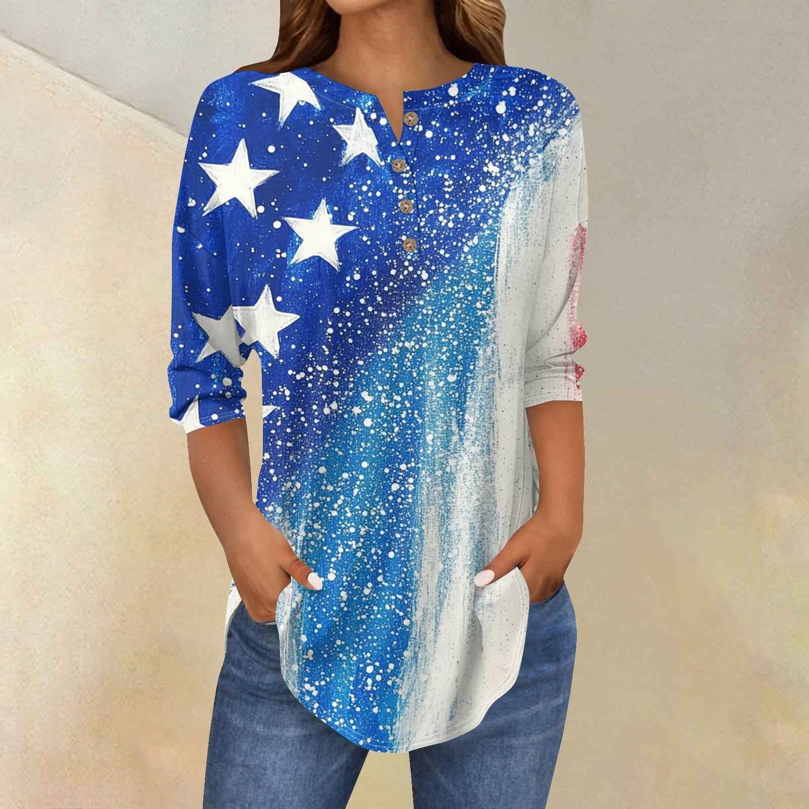 

3/4 Length Sleeve Womens Tops Dressy Casual Blouses Loose Fit Tunic Tops Button Up T Shirts XL
