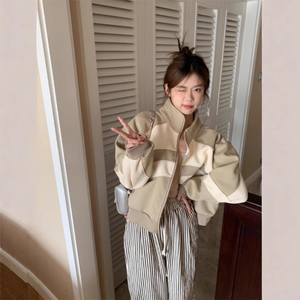 Women's Retro Colorblock Stand-Up Collar Sweatshirt Jacket, Spring/Autumn 2025, Casual Loose Baseball Cardigan.