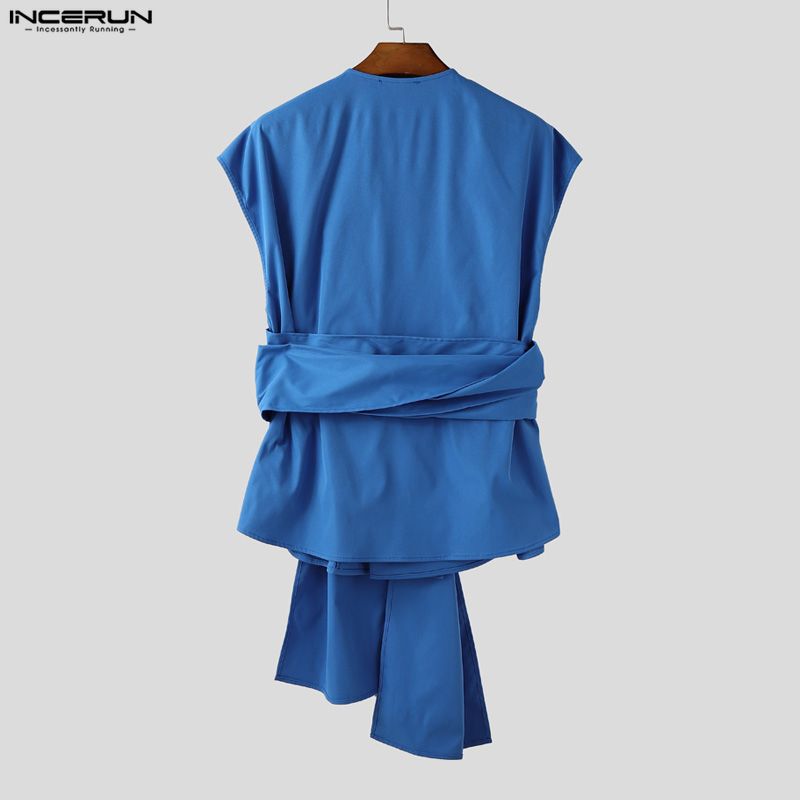 INCERUN Men Sleeveless Lapel Button Up Belt Ruffled Loose Casual Long Waistcoats