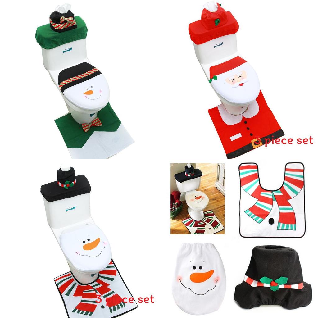 Christmas Themed Santa Claus Snowman Pattern Toilet Cover Three Piece Set For Holiday Bathroom Decor