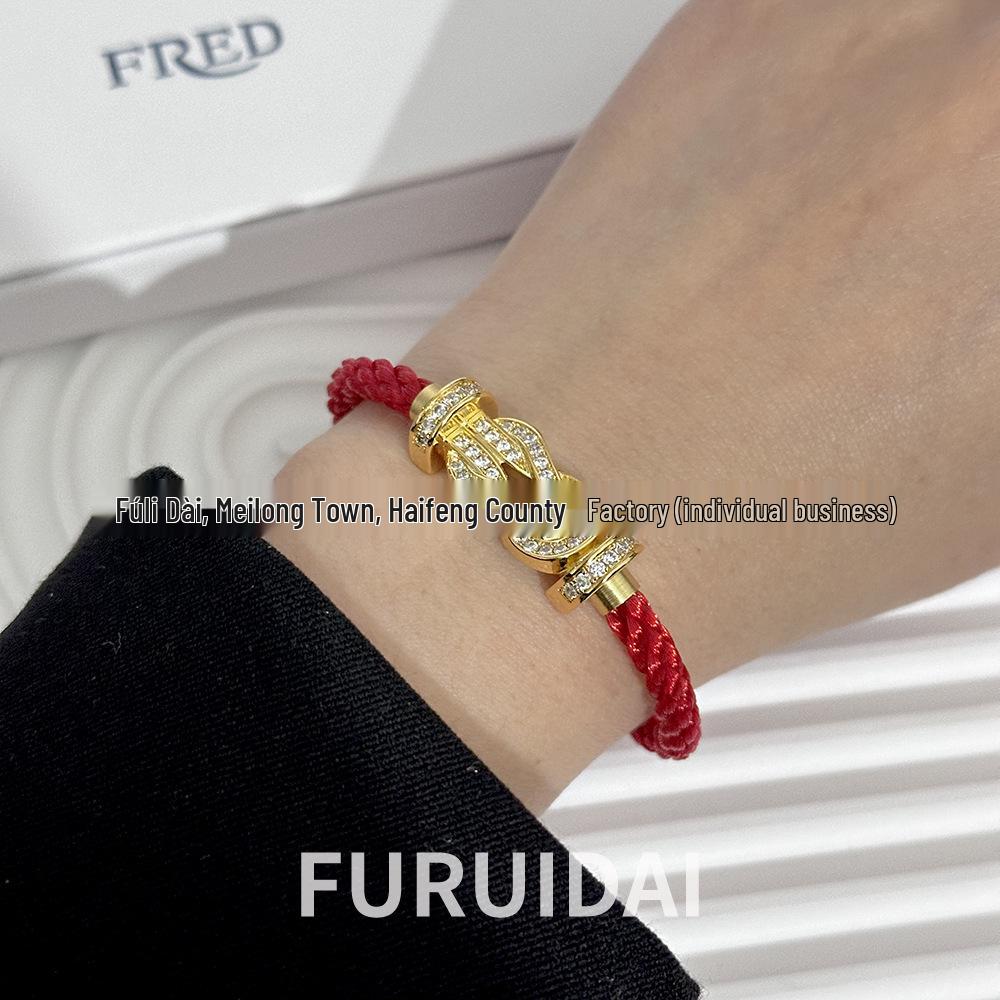 Bracciale Fred Placcato Oro 18k con Ferro di Cavallo Diamantato Zodiaco Corda Rossa - Unisex Stile Fai da Te a Forma di 8
