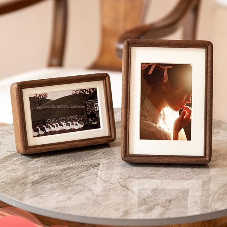 Retro Handmade Wooden Photo Frame with Passe-Partout, Vertical/Horizontal Standing Desktop Picture Frame Hanging Wall Decor