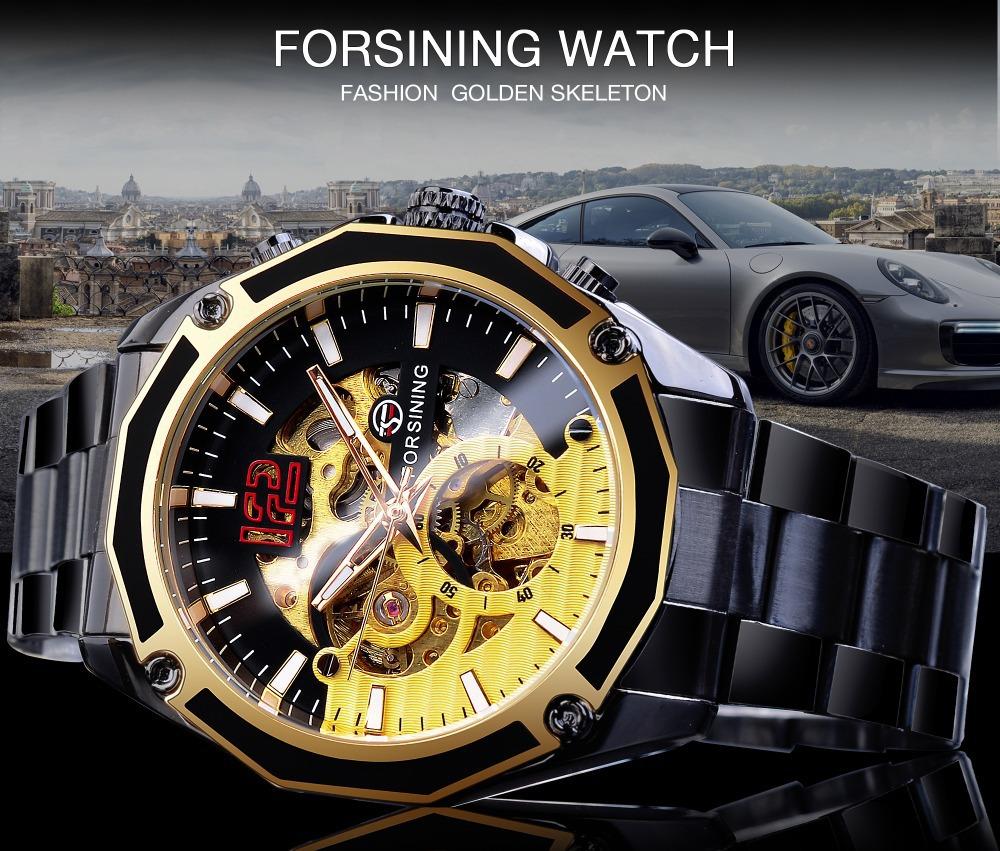 Luxuriöse mechanische Armbanduhren, goldenes Skelett-Zifferblatt, Edelstahlstreifen, automatische Uhren für Männer, transparente Uhr