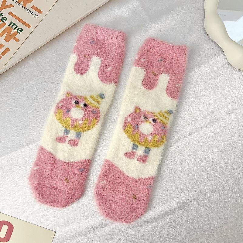 

Носки для девочек, зимние, осенние, теплые, утолщенные, средней длины, милые, розовые, в горошек, домашние и ночные носки