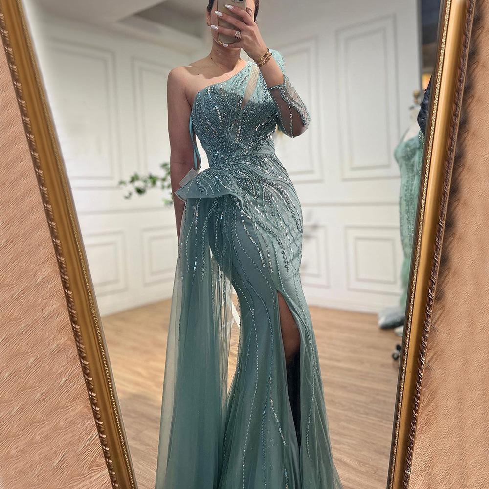 Aqua green single shoulder long sleeve split harpoon tail long dress light luxury temperament celebrity banquet host dress LA11011