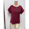 Pullover Shirt Sommer Damen Oberteile O-Ausschnitt Reißverschluss Patchwork Knopf Falsche Taschen Dekoration Oberteile Einfarbig Kurzarm Damenbekleidung