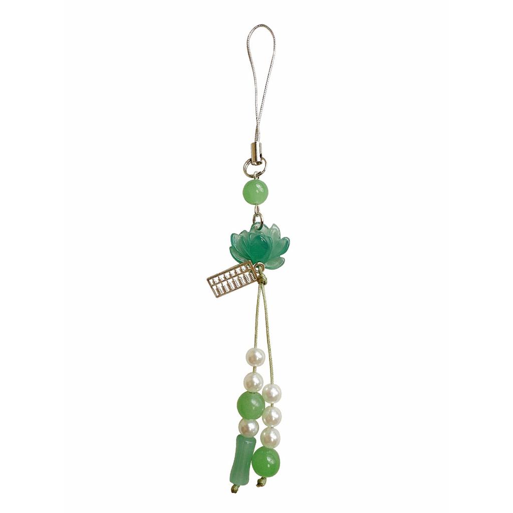 Lotuses Flower Phone Charm Ancient Style Keychain Pendant with Acrylic Beads Handmade Beaded Cellphone Lanyard