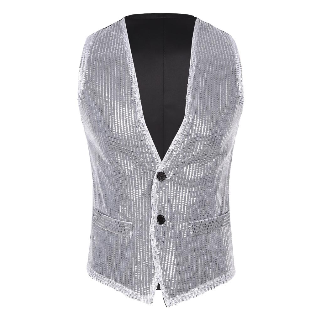 Unisex Adult Shiny Sequin Vest Sleeveless Button Design Waistcoat Jacket for Music Festival