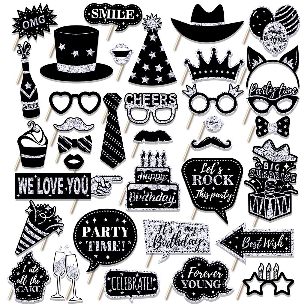36pcs Happy Birthday Party Photo Booth Props Shimmer Powder Funny Glasses Lips Hat DIY Photo Shoot Prop Photobooth Accessories