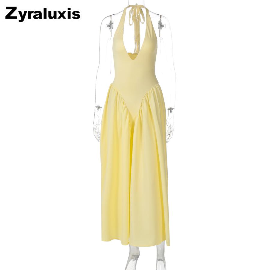 New Solid Color Sexy Deep V Hollow Out Suspender Dress Chic A-Line Skirt Midi Dress for Women