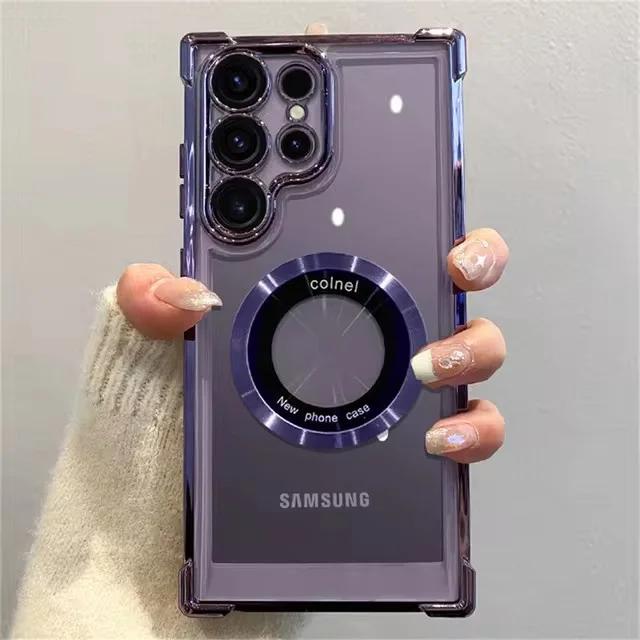 Luxus Galvanisiert Magnetische Kabellose Ladehülle Für Samsung S26 S25 S24 Ultra S23 FE S22 Plus Note 20 Klare Linsen Schutzhülle