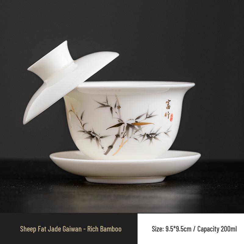 High-Grade Mutton Fat Jade Rotating Lid Bowl and White Porcelain Teapot Set