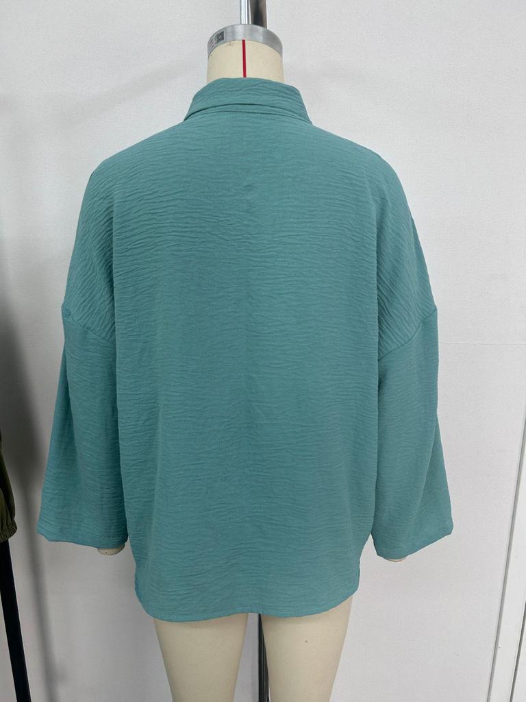 2024 Women's Solid Color Pleated Lapel Shirt - European & American Style, Single-Breasted Roll-Up Sleeve Top