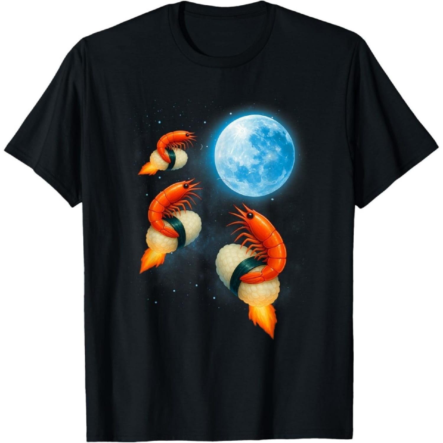 QINGXIUU Shrimp Howling at The Moon Funny Sushi Meme Parody T-Shirt S