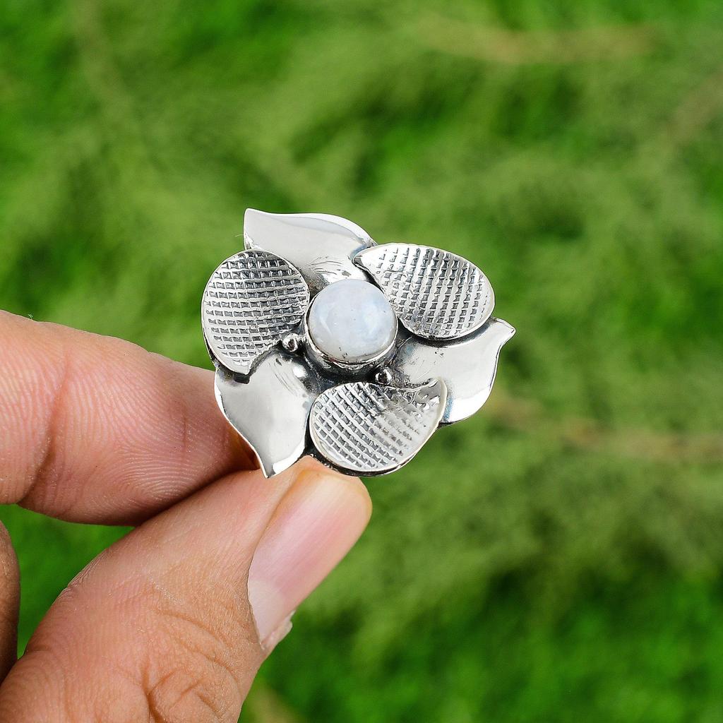 Natural Rainbow Moonstone Gemstone Statement Flower Adjustable Ring 925 Silver