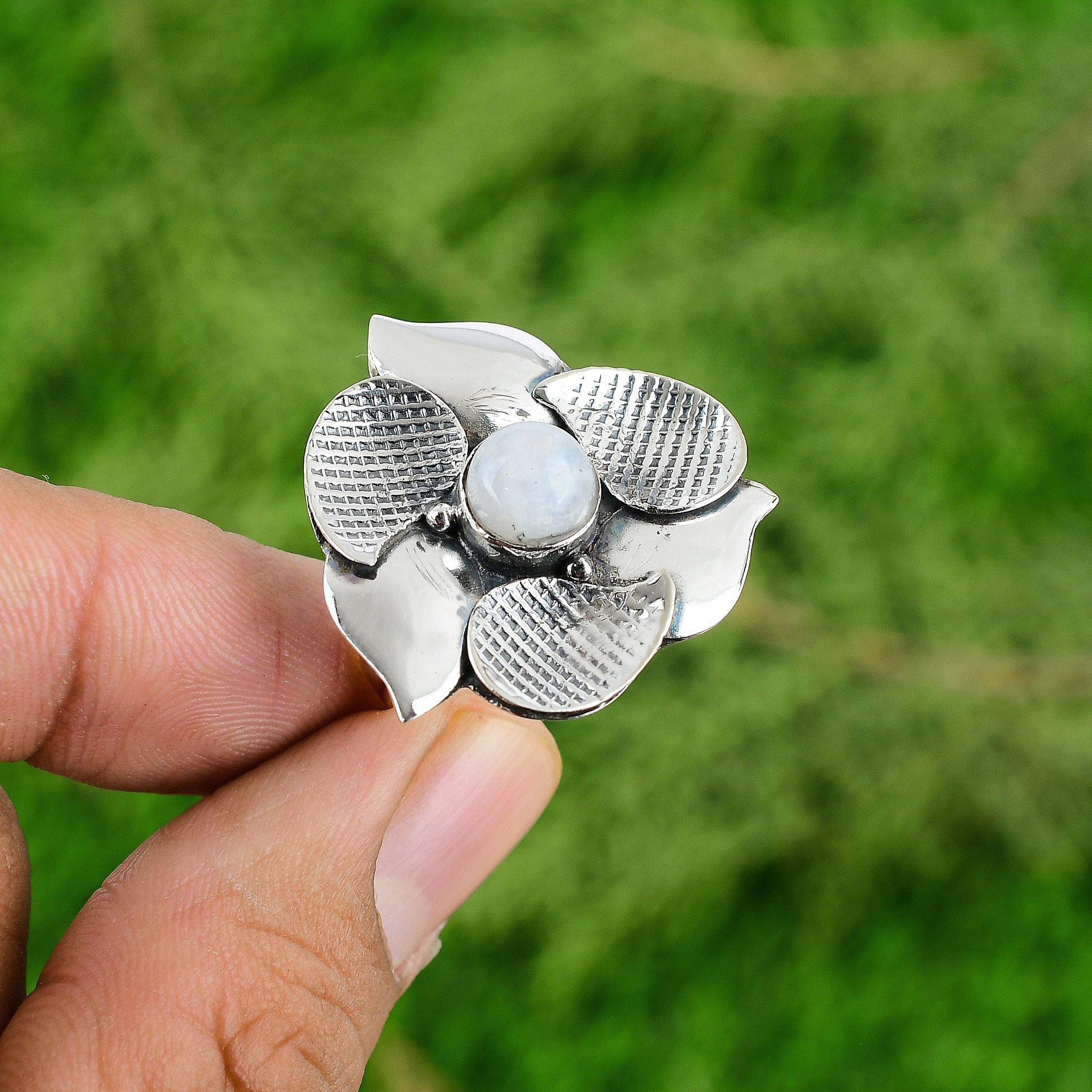 

Natural Rainbow Moonstone Gemstone Statement Flower Adjustable Ring 925 Silver Adjustable