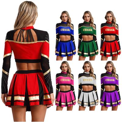 Womens Sports Dancewear Cheerleading Outfit Long Sleeve Sequins Crop Top with Pleated Skirt Set Cheer Uniform