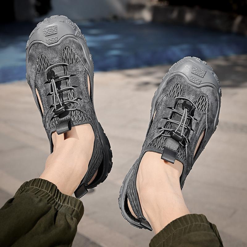 Sandale pentru bărbați cu vârf închis, plasă de vară, modă respirabilă, sandale casual din piele, pantofi de alpinism de dimensiuni mari
