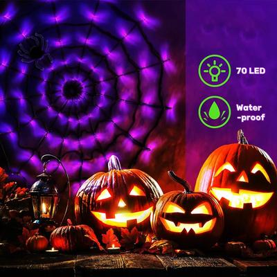 70 LED Spider Web Light String Battery Powered DIY Ghost House Decor Cobweb Atmosphere Lights for Halloween Party Haunted House