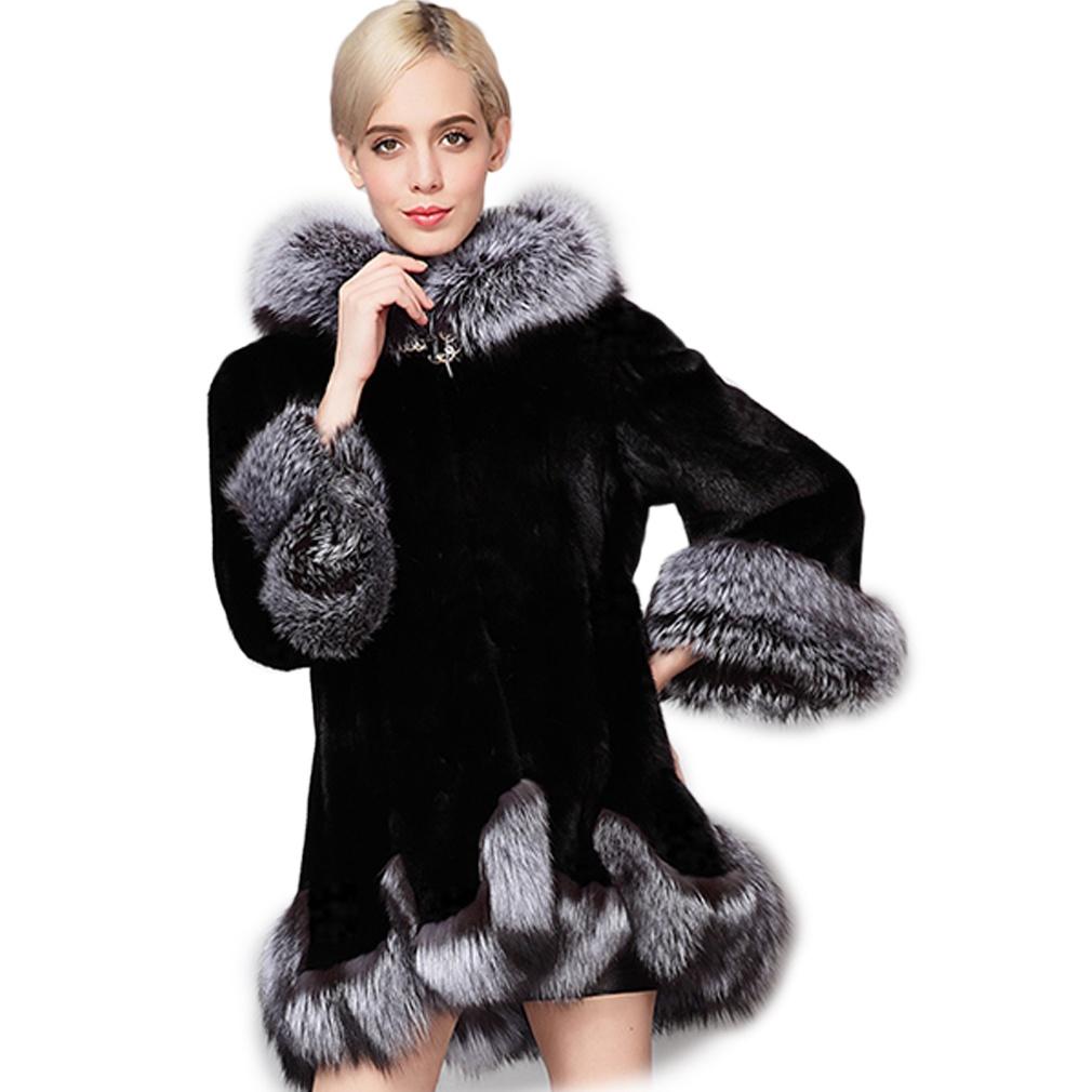 Moda Invernale Donna Cappotto con Cappuccio Peloso Caldo Pelliccia Bianco Nero Coniglio Pelliccia di Visone Casual Soprabito (Taglie forti S-5XL)