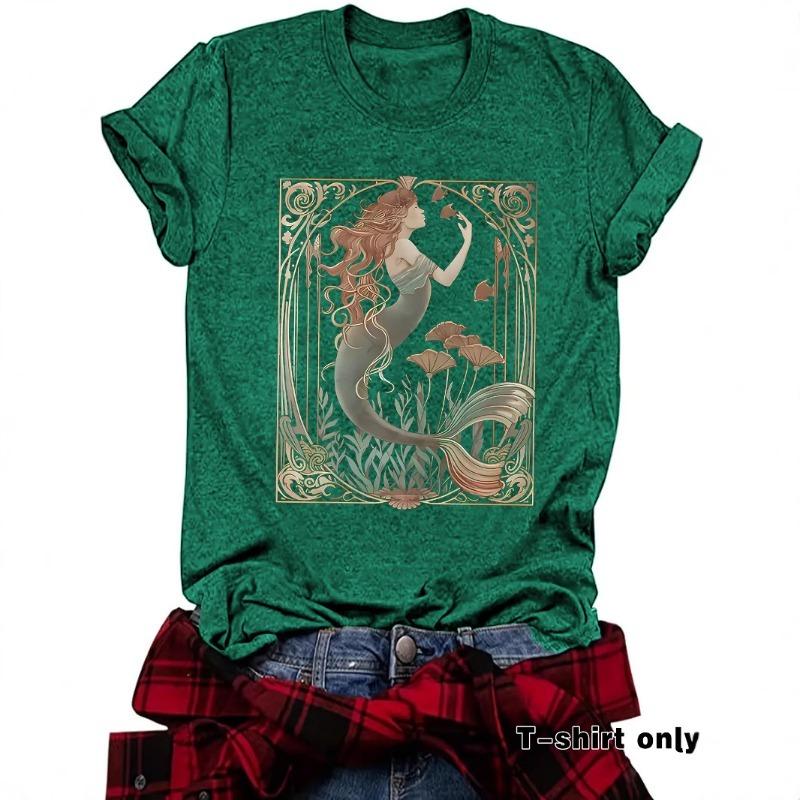 Women's Summer Casual T-shirt Mermaid Pattern Round Neck Short Sleeve Top
