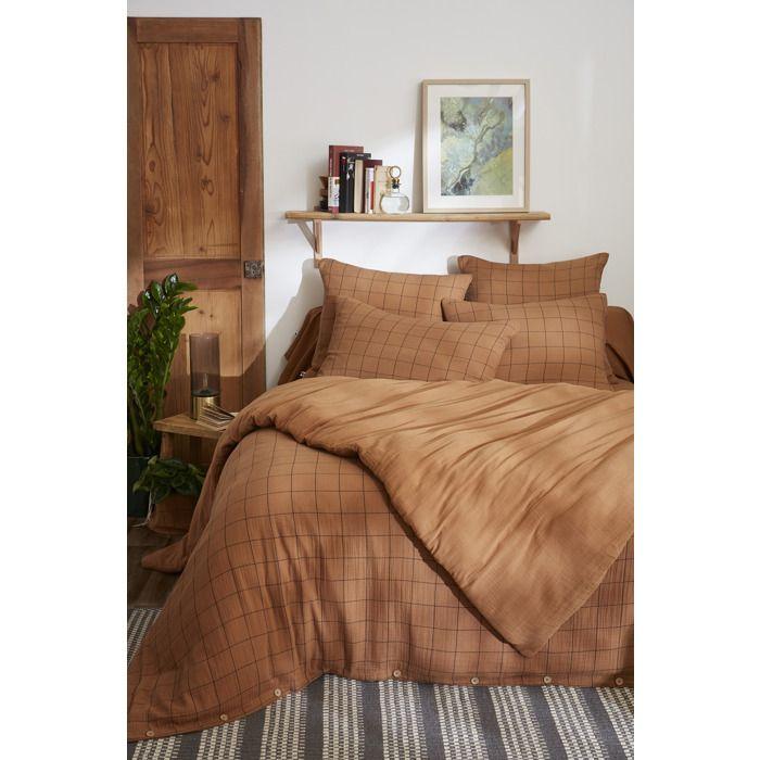 Housse de couette gaze de coton Gaia Match à carreaux 220 x 240 cm camel