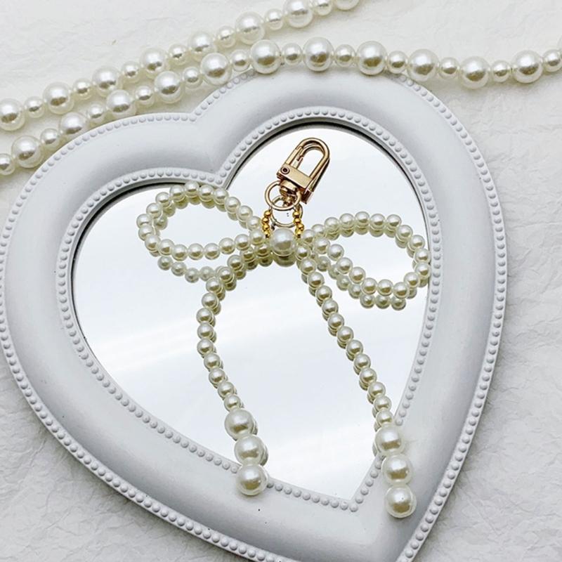 Pearls Beaded Bow Key Chain Pendant Butterfly Knot Key Rings Jewelry for Phones