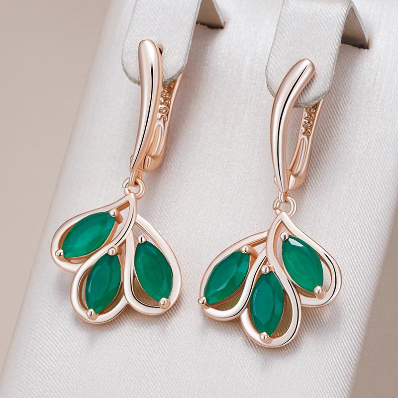 Green Crystal Flower Drop Earrings For Women Luxury  Rose Gold Color Natural Zircon Accessories Vintage Jewelry