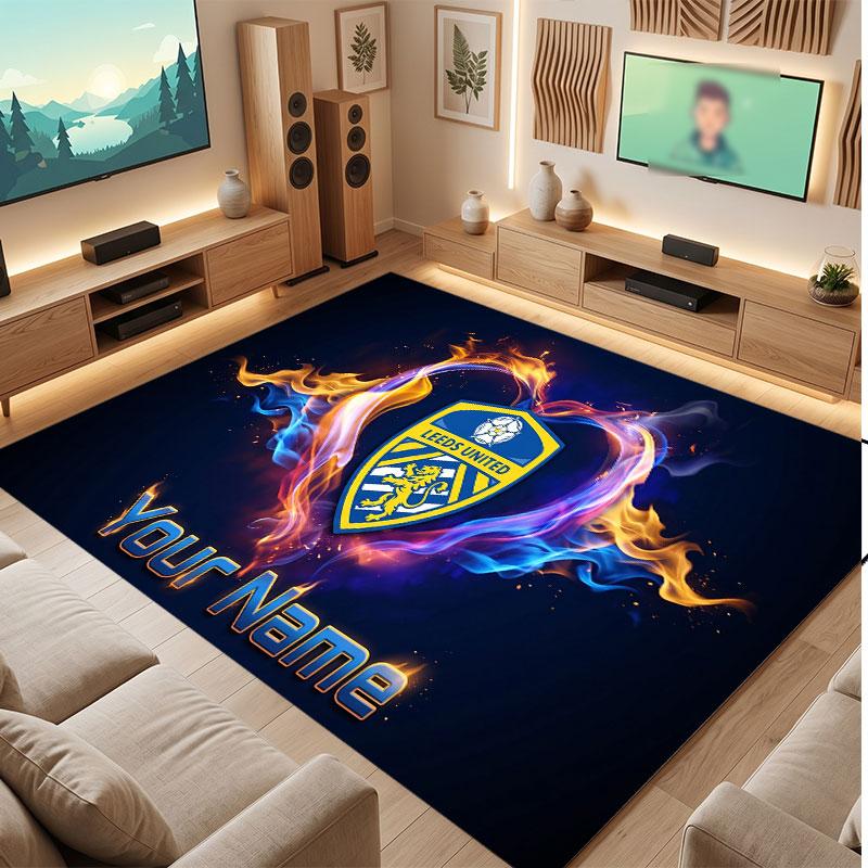 Leeds United Custom Crystal Velvet Rug, Personalized Name Text Print, Football Logo Soft Non‑Slip Floor Mat Home Decor Gift