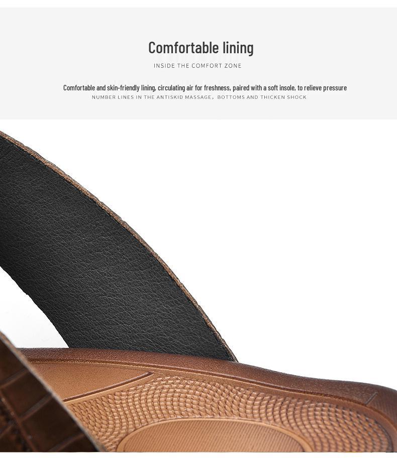 Men's Korean Style Embossed Cowhide Flip-Flops - Crocodile Pattern Single Strap Beach Sandals