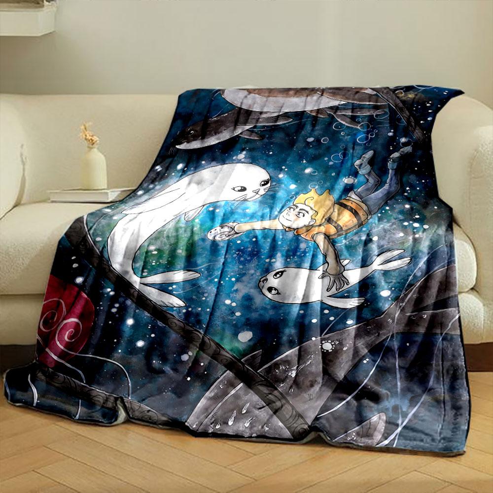 Ein Junge schwimmt unter Wasser mit Robben inmitten von Blasen und einem bunten Hintergrund. Decke für alle Jahreszeiten Mittagspause Überwurf Geschenk