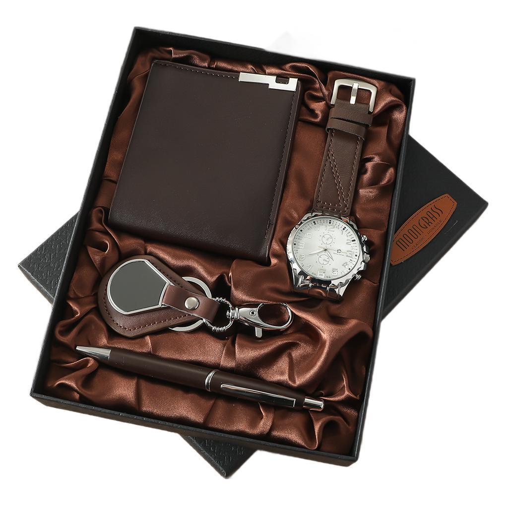 2025 Men's 4-Piece Gift Set: Brown Watch, Wallet, Leather Belt, Keychain