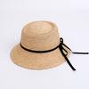 Natural raffia woven straw hat women's French sweet bow concave top wide brim sunshade bucket hat basin hat