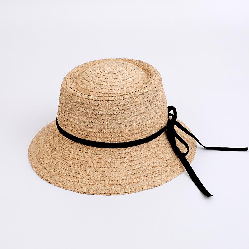 Natural raffia woven straw hat women's French sweet bow concave top wide brim sunshade bucket hat basin hat