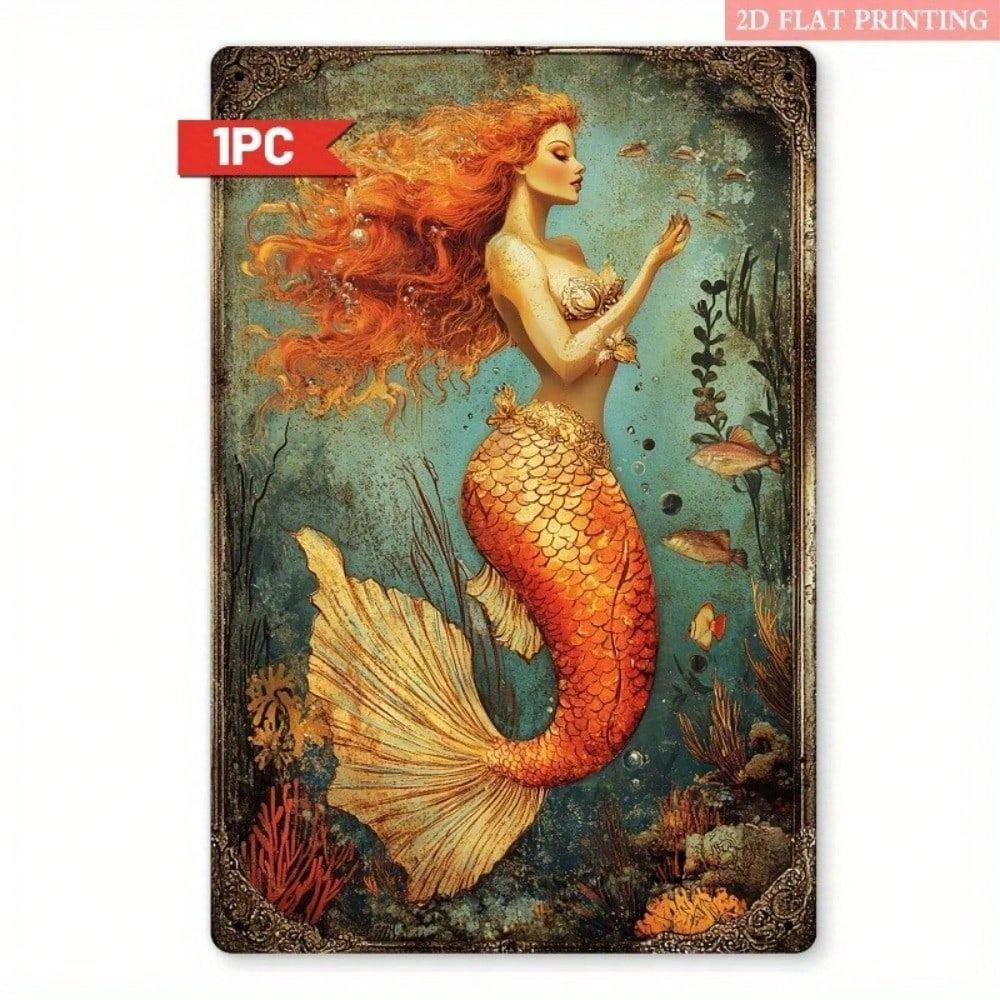 Vintage Tin Metal Mermaid Wall Art Bathroom Decor Ocean Fantasy Sign