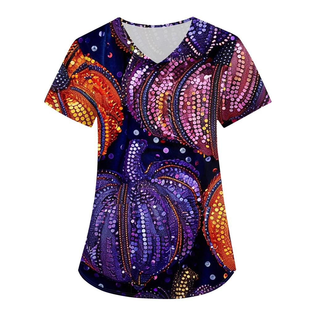 Women's Fashion Easter Printed Short Sleeve V-Neck Top Small Pocket Work T-Shirt