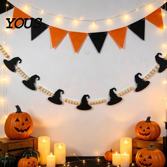 Ghost Halloween Garland 2 Pcs 7.5FT Garland, Felt Pumpkin Bat Skull with Banner Decoration Wood Beads, Party Hanging for Fireplace Doorway Indoor